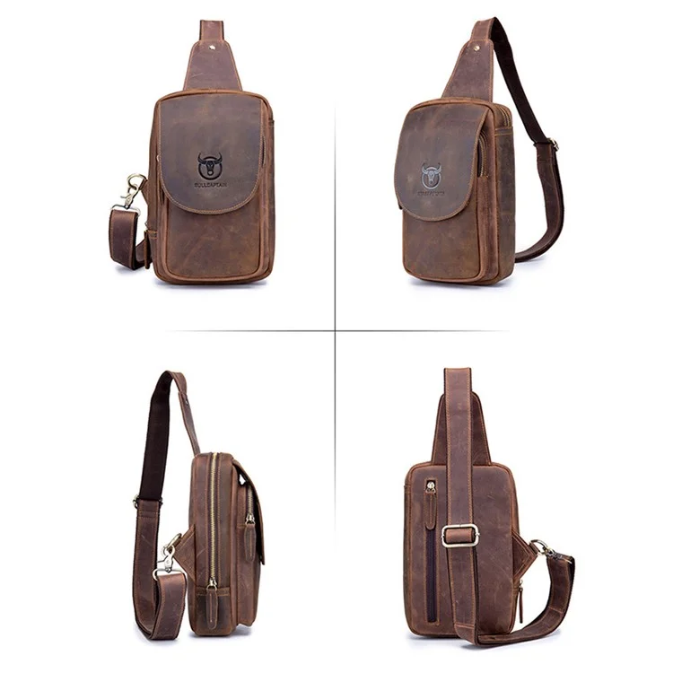 BULLCAPTAIN 133 Sac à bandoulière rétro en cuir de vache pleine fleur avec texture cheval sauvage
