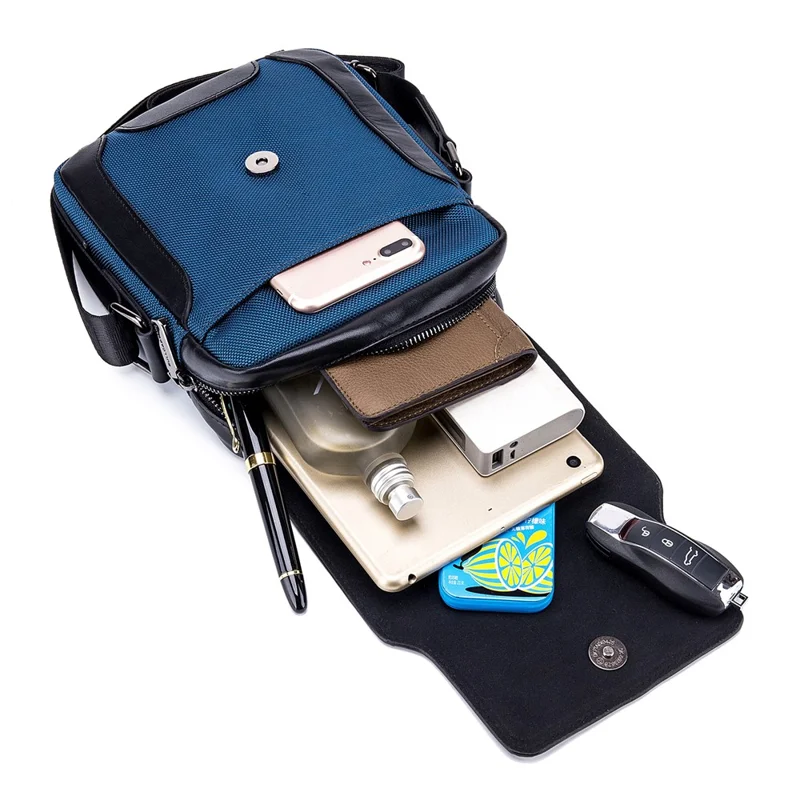 BULLCAPTAIN 999 Cowhide Leather Messenger Bag Zipped Pockets Crossbody Purse Bag for Work Business Travel - Black