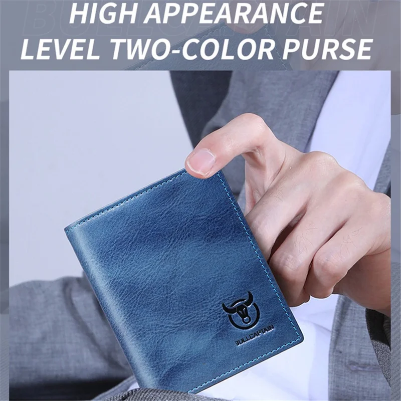 BULLCAPTAIN 017 Large Capacity RFID Blocking Wallet Top-Layer Cowhide Leather Coin Card Storage Bag - Blue