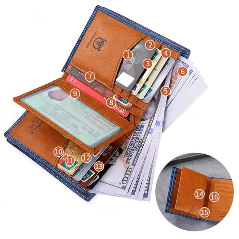 BULLCAPTAIN 017 Large Capacity RFID Blocking Wallet Top-Layer Cowhide Leather Coin Card Storage Bag - Blue