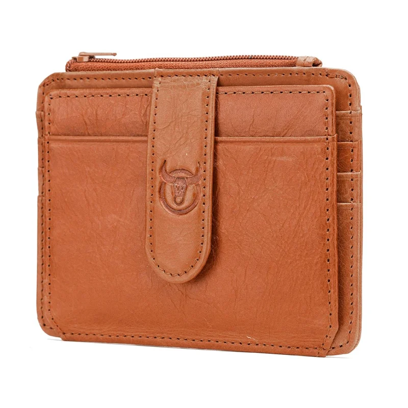 BULLCAPTAIN 00 Top Layer Cowhide Men RFID Blocking ID Credit Card Bag with Zipper Pocket - Yellow