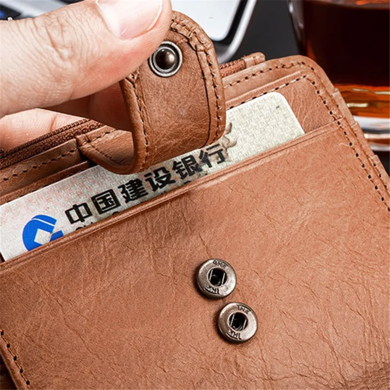 BULLCAPTAIN 00 Top Layer Cowhide Men RFID Blocking ID Credit Card Bag with Zipper Pocket - Yellow