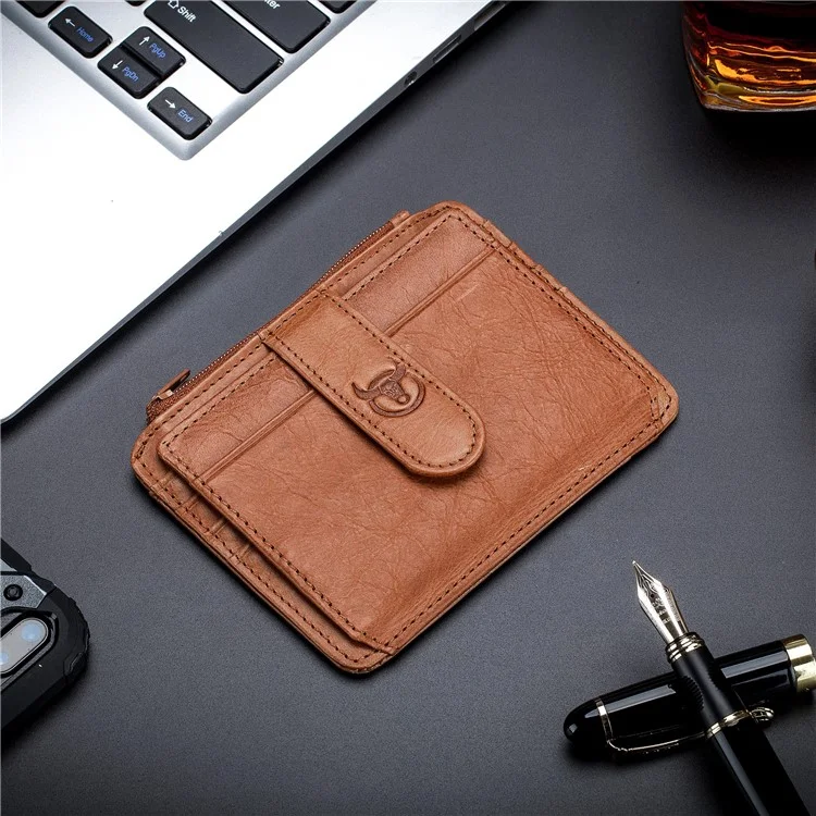 BULLCAPTAIN 00 Top Layer Cowhide Men RFID Blocking ID Credit Card Bag with Zipper Pocket - Yellow