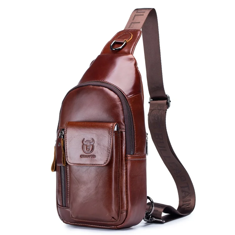 BULLCAPTAIN 121 Retro Style Chest Bag Top-Layer Cowhide Leather Crossbody Sling Bag for Travel, Hiking, Business Trip - Coffee