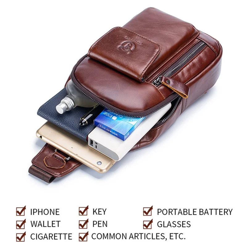 BULLCAPTAIN 121 Retro Style Chest Bag Top-Layer Cowhide Leather Crossbody Sling Bag for Travel, Hiking, Business Trip - Coffee