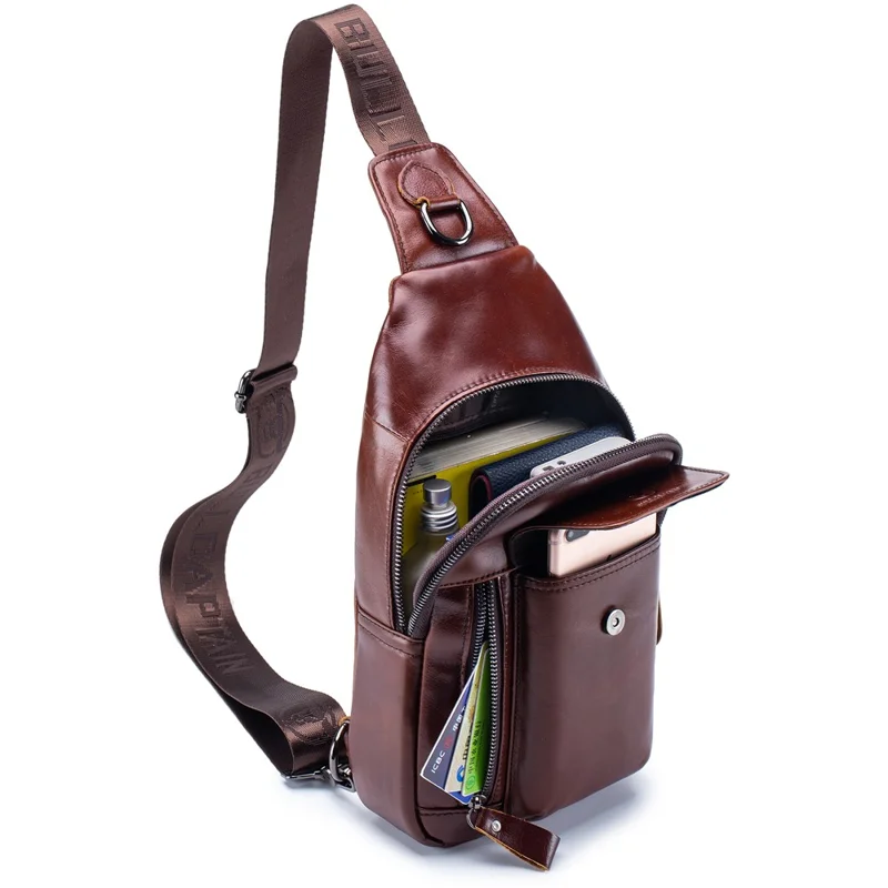 BULLCAPTAIN 121 Retro Style Chest Bag Top-Layer Cowhide Leather Crossbody Sling Bag for Travel, Hiking, Business Trip - Coffee