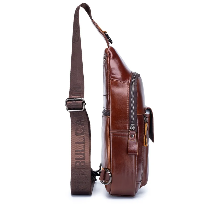 BULLCAPTAIN 121 Retro Style Chest Bag Top-Layer Cowhide Leather Crossbody Sling Bag for Travel, Hiking, Business Trip - Coffee