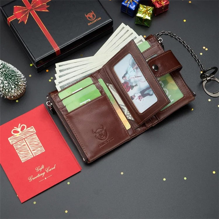 BULLCAPTAIN 08 Multiple Card Slots Wallet Top-Layer Cowhide Leather Zipper Coin Pocket Storage Bag - Caffè