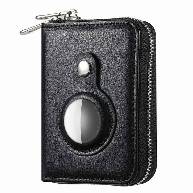 Porta-cartões Bloqueador RFID de Couro PU com Zíper e Estojo Embutido para Apple AirTag - Textura de Lichia / Preto