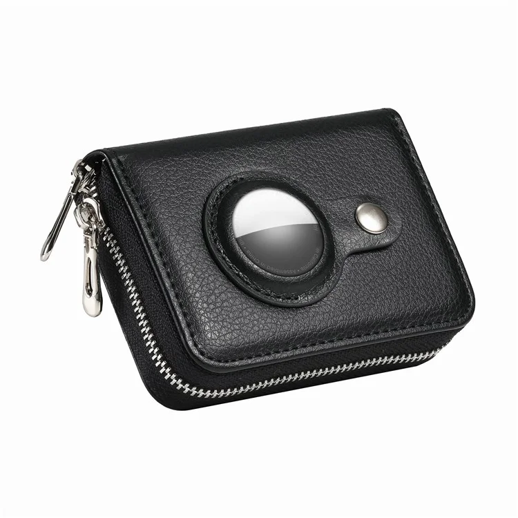 Porta-cartões Bloqueador RFID de Couro PU com Zíper e Estojo Embutido para Apple AirTag - Textura de Lichia / Preto