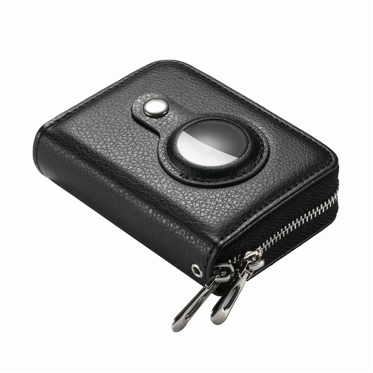 Porta-cartões Bloqueador RFID de Couro PU com Zíper e Estojo Embutido para Apple AirTag - Textura de Lichia / Preto