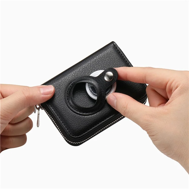 Porta-cartões Bloqueador RFID de Couro PU com Zíper e Estojo Embutido para Apple AirTag - Textura de Lichia / Preto