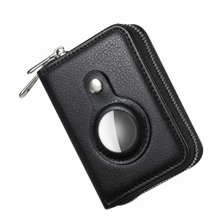 Porta-cartões Bloqueador RFID de Couro PU com Zíper e Estojo Embutido para Apple AirTag - Textura de Lichia / Preto