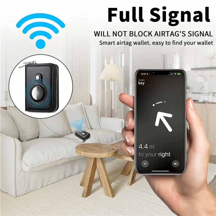 Porta-cartões Bloqueador RFID de Couro PU com Zíper e Estojo Embutido para Apple AirTag - Textura de Lichia / Preto