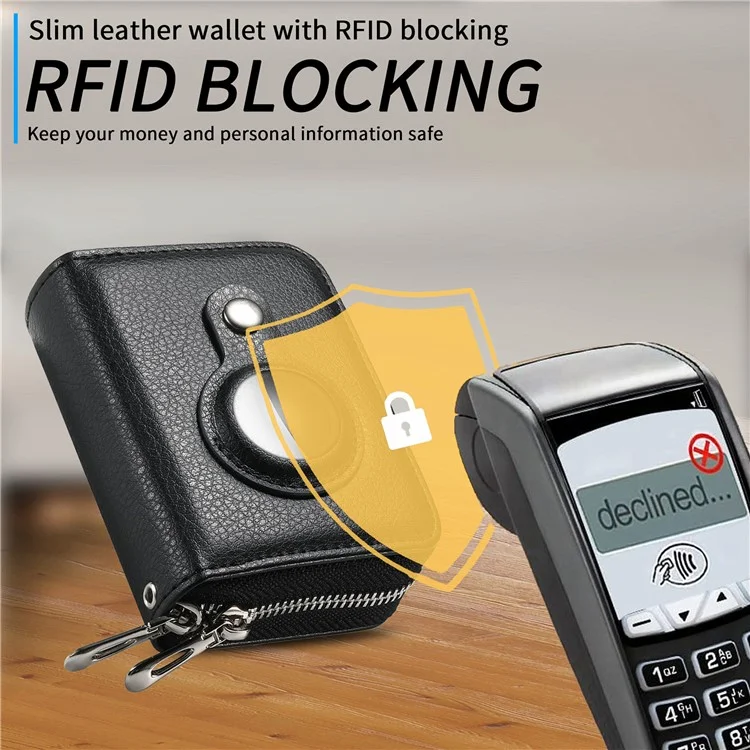 Porta-cartões Bloqueador RFID de Couro PU com Zíper e Estojo Embutido para Apple AirTag - Textura de Lichia / Preto