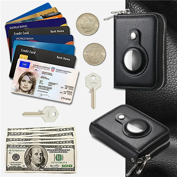 Porta-cartões Bloqueador RFID de Couro PU com Zíper e Estojo Embutido para Apple AirTag - Textura de Lichia / Preto