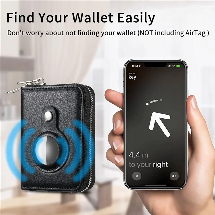 Porta-cartões Bloqueador RFID de Couro PU com Zíper e Estojo Embutido para Apple AirTag - Textura de Lichia / Preto