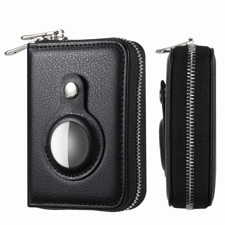 Porta-cartões Bloqueador RFID de Couro PU com Zíper e Estojo Embutido para Apple AirTag - Textura de Lichia / Preto