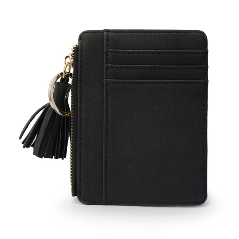 Ultra Slim PU Leather Card Bag Multiple Card Slots Mini Zipper Coin Purse - Black