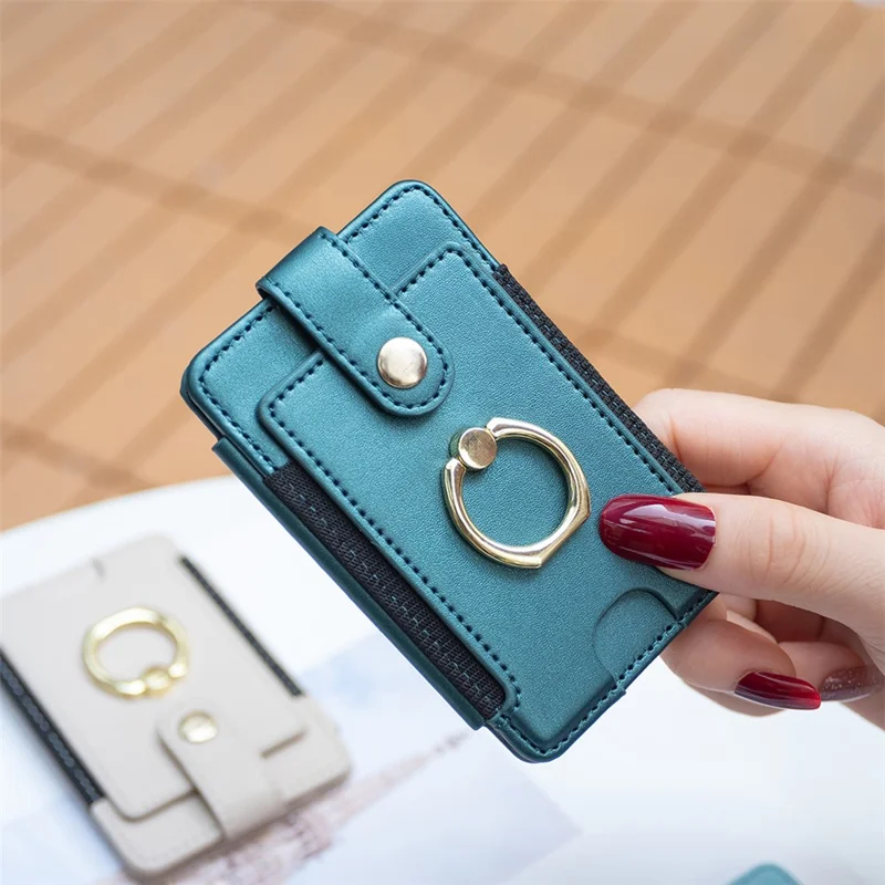 BFK03 Self-adhesive Phone Back Card Holder PU Leather Card Bag with Finger Ring Holder - Green