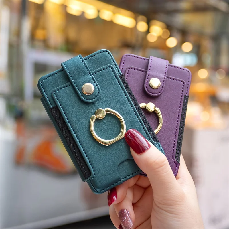 BFK03 Self-adhesive Phone Back Card Holder PU Leather Card Bag with Finger Ring Holder - Green
