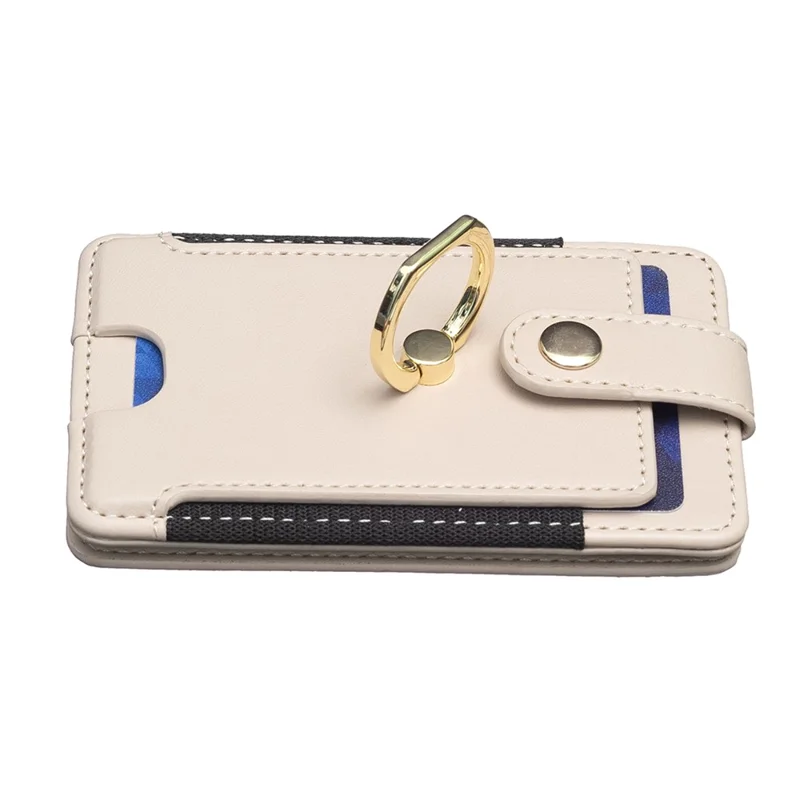 BFK03 Self-adhesive Phone Back Card Holder PU Leather Card Bag with Finger Ring Holder - Beige