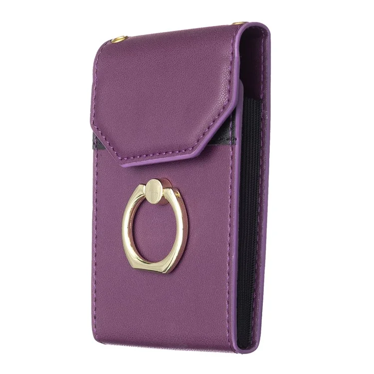 BFK04 Phone Card Holder Stick-On Card Sleeve Pocket Ring Kickstand Leather Pouch for Back Of Phone - Dark Purple