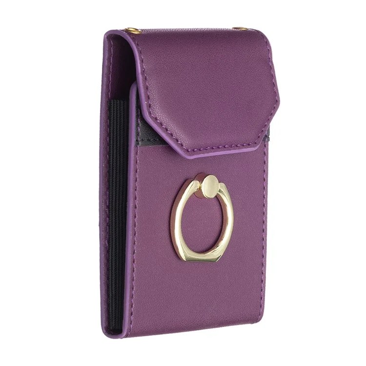 BFK04 Phone Card Holder Stick-On Card Sleeve Pocket Ring Kickstand Leather Pouch for Back Of Phone - Dark Purple