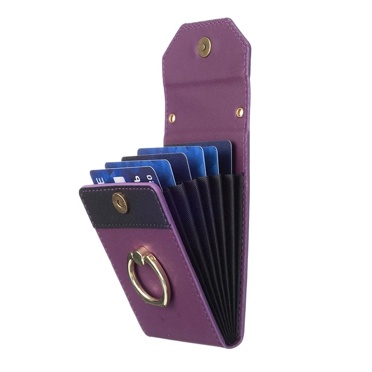 BFK04 Phone Card Holder Stick-On Card Sleeve Pocket Ring Kickstand Leather Pouch for Back Of Phone - Dark Purple