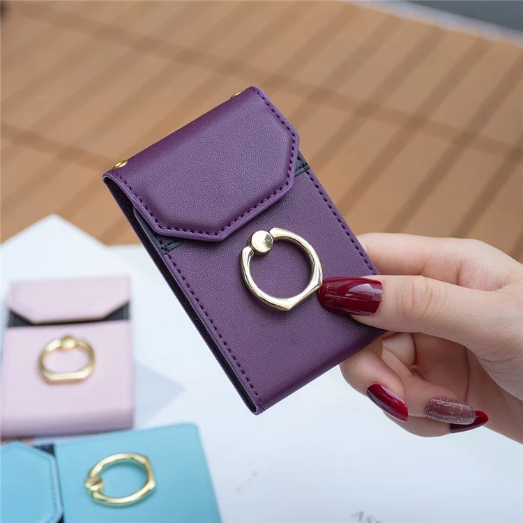 BFK04 Phone Card Holder Stick-On Card Sleeve Pocket Ring Kickstand Leather Pouch for Back Of Phone - Dark Purple