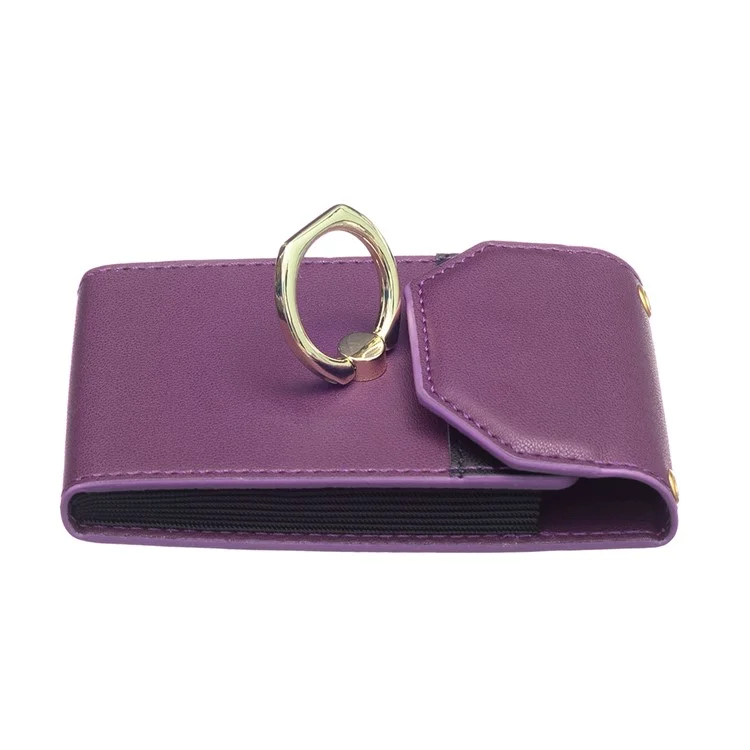 BFK04 Phone Card Holder Stick-On Card Sleeve Pocket Ring Kickstand Leather Pouch for Back Of Phone - Dark Purple