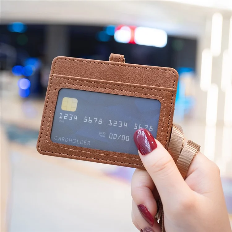 BFK14 Horizontal ID Badge Credit Card Protective Case PU Leather Card Storage Bag with Lanyard - Brown
