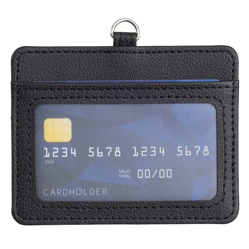 BFK14 Horizontal ID Badge Credit Card Protective Case PU Leather Card Storage Bag with Lanyard - Black