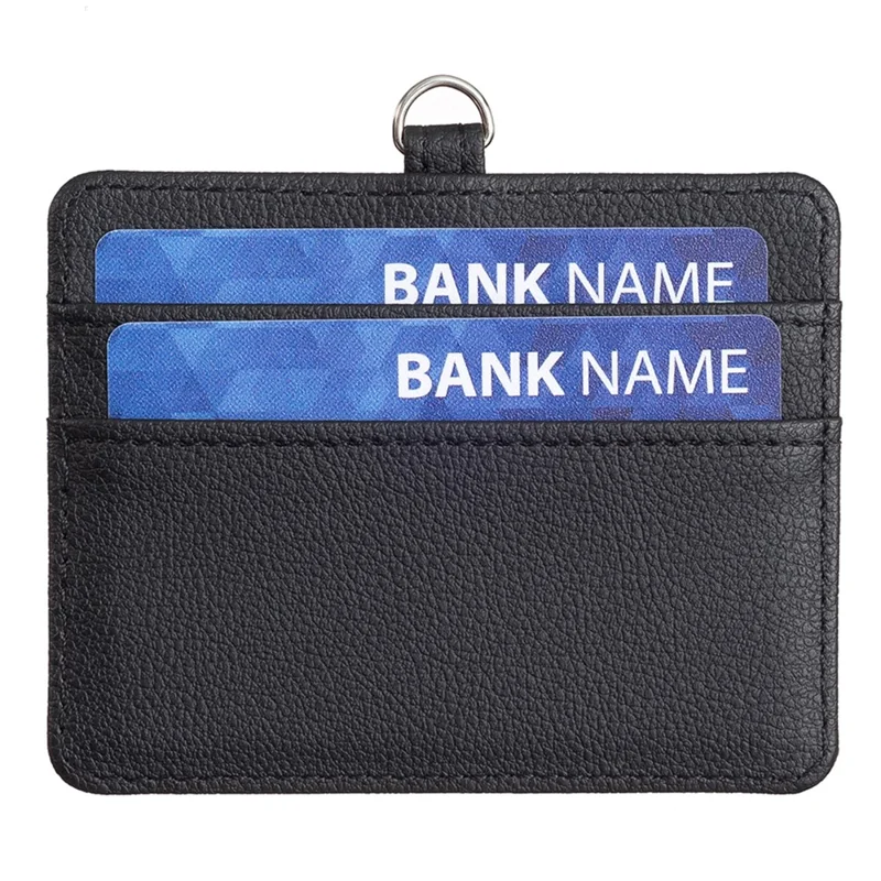 BFK14 Horizontal ID Badge Credit Card Protective Case PU Leather Card Storage Bag with Lanyard - Black