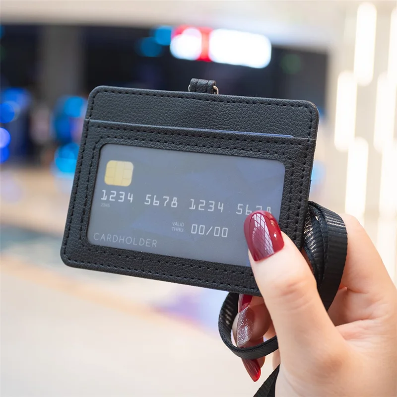 BFK14 Horizontal ID Badge Credit Card Protective Case PU Leather Card Storage Bag with Lanyard - Black