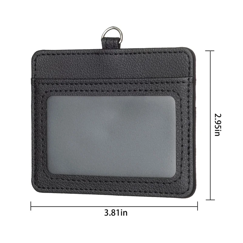 BFK14 Horizontal ID Badge Credit Card Protective Case PU Leather Card Storage Bag with Lanyard - Black