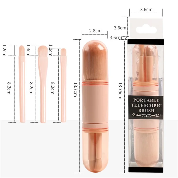 Juego de brochas de maquillaje telescópicas 4 en 1 Portátil Viaje Cosméticos Juego de brochas Sombra de ojos Polvo suelto Herramienta de belleza - Rosa