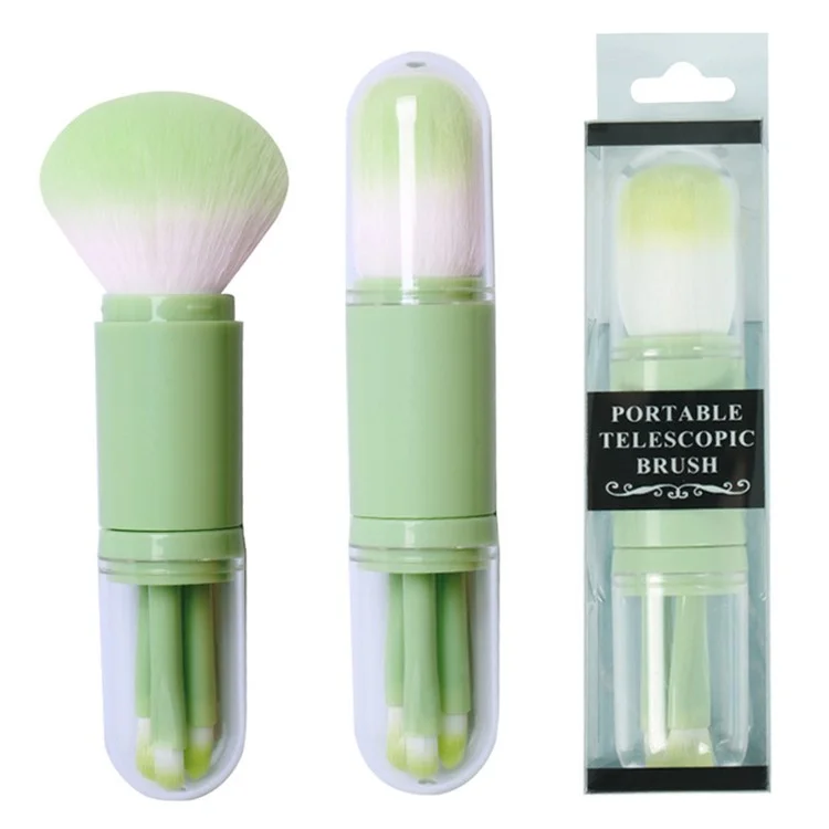 4 In 1 Telescopic Makeup Brush Portable Travel Cosmetic Brushes Set Eyeshadow Loose Powder Beauty Tool - Green