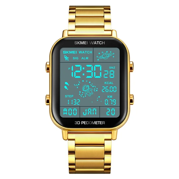 SKMEI 1888 Business Men Square Electronic Watch Steel Strap Sport Digital Watch - Gold
