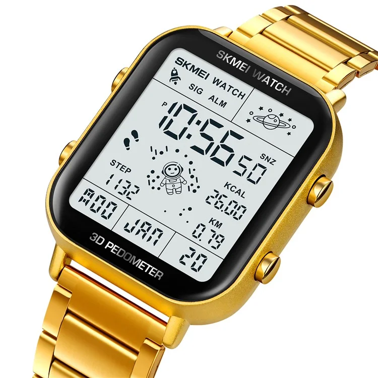 SKMEI 1888 Business Men Square Electronic Watch Steel Strap Sport Digital Watch - Gold