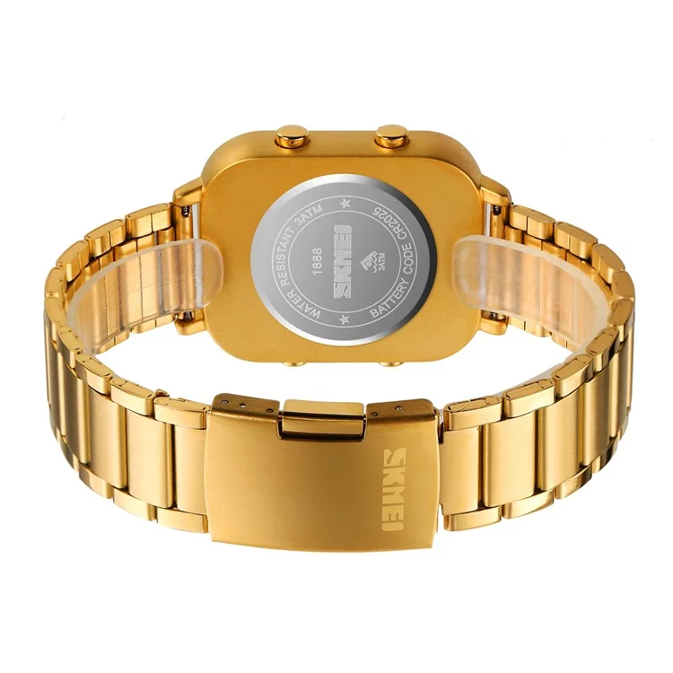SKMEI 1888 Business Men Square Electronic Watch Steel Strap Sport Digital Watch - Gold