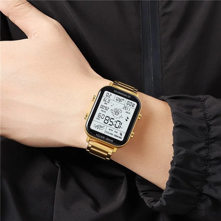 SKMEI 1888 Business Men Square Electronic Watch Steel Strap Sport Digital Watch - Gold
