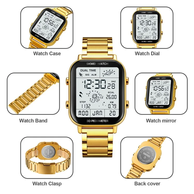 SKMEI 1888 Business Men Square Electronic Watch Steel Strap Sport Digital Watch - Gold
