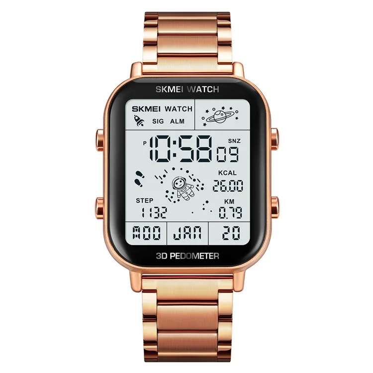 SKMEI 1888 Montre carrée électronique d'affaires pour hommes avec bracelet en acier - Couleur or rose