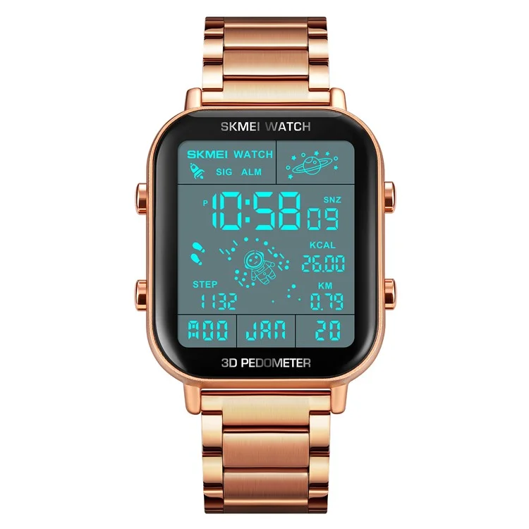 SKMEI 1888 Montre carrée électronique d'affaires pour hommes avec bracelet en acier - Couleur or rose