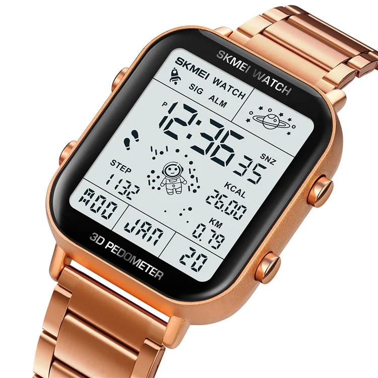 SKMEI 1888 Montre carrée électronique d'affaires pour hommes avec bracelet en acier - Couleur or rose