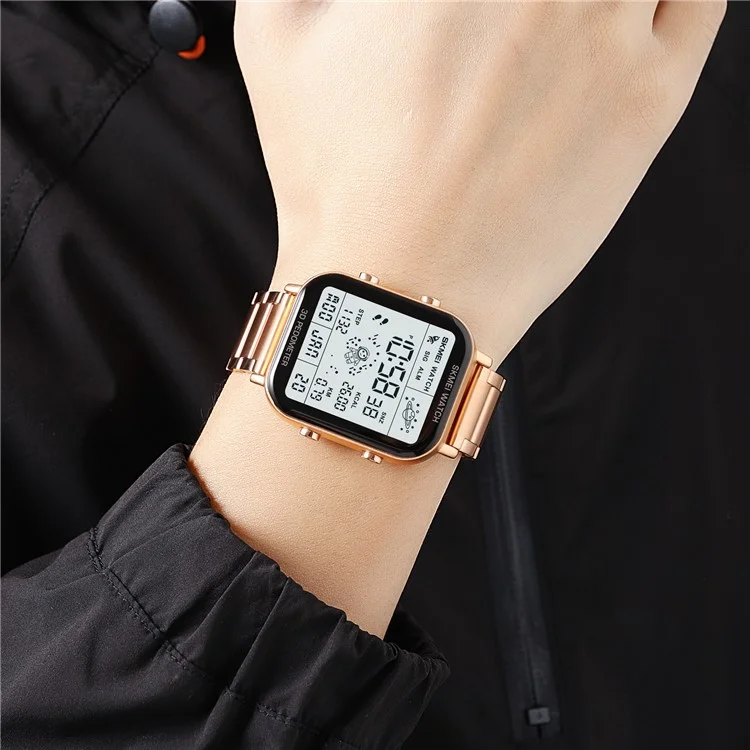 SKMEI 1888 Montre carrée électronique d'affaires pour hommes avec bracelet en acier - Couleur or rose
