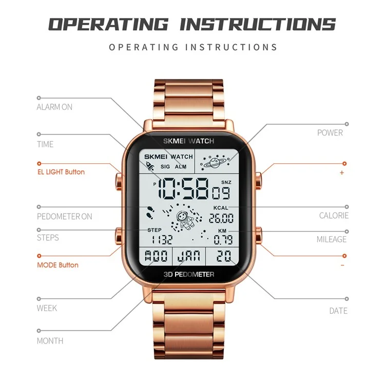 SKMEI 1888 Montre carrée électronique d'affaires pour hommes avec bracelet en acier - Couleur or rose