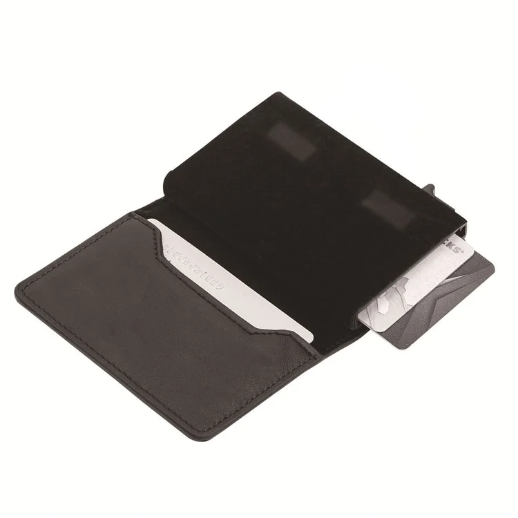 Pop-Up Design RFID Blocking PU Leather+Aluminum Alloy Bank Card Case Bluetooth-compatible Tracker Pouch Wallet - Black
