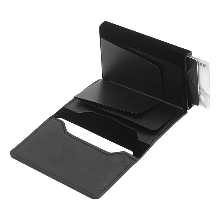 Pop-Up Design RFID Blocking PU Leather+Aluminum Alloy Bank Card Case Bluetooth-compatible Tracker Pouch Wallet - Black